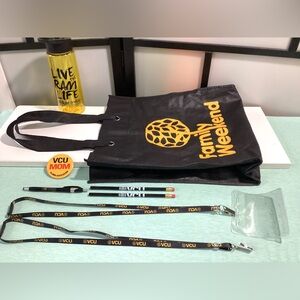 VCU tote bag, pencils, pen, pin, water bottle, 2 lanyards